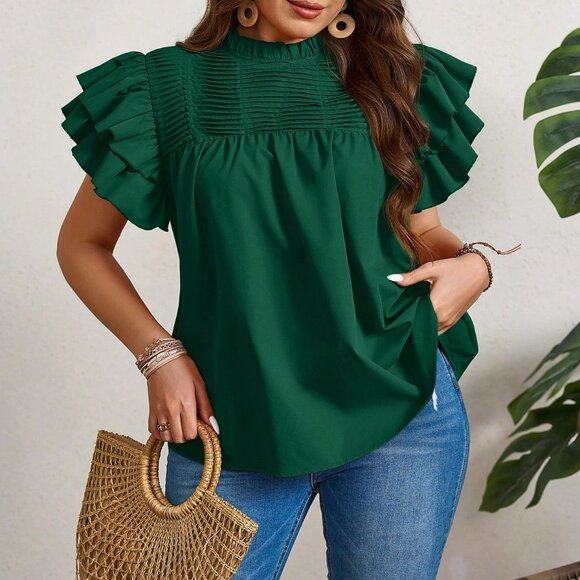 Dark Green Casual Women's Plus Size Ruffle Trim Blouse - Picture 1 of 6